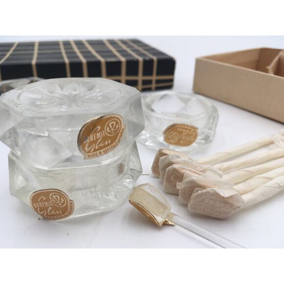 NIB Deadstock Vintage Bohemian Crystal Cut Salt Cellars and Spoons Set of 6 - Picture 4 of 7